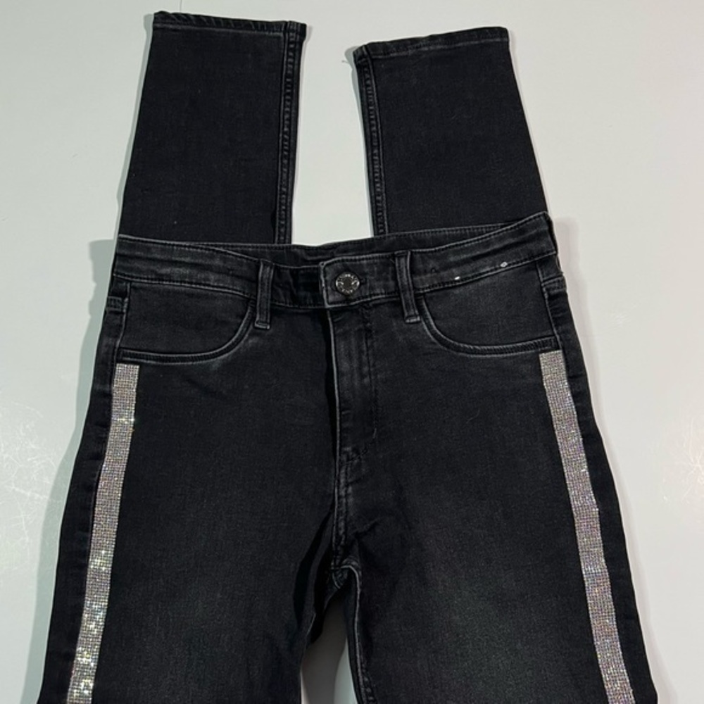 & Demin Black Faded Skinny Bling Jeans Rhinestones Pockets Stretch Girls 10-12